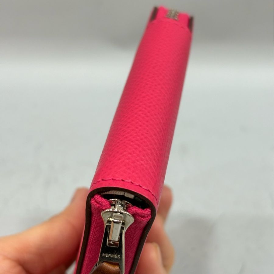 HERMES 桃紅 Epsom 皮 Silk in 絲巾 短夾 皮夾 零錢包-12