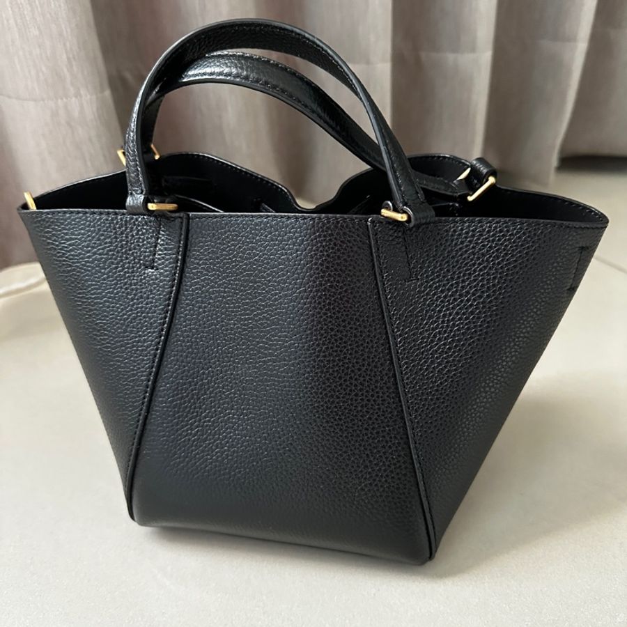 TORY BURCH MCGRAW 荔枝紋小牛皮抽繩迷你款手提斜背兩用托特包(黑色)-6