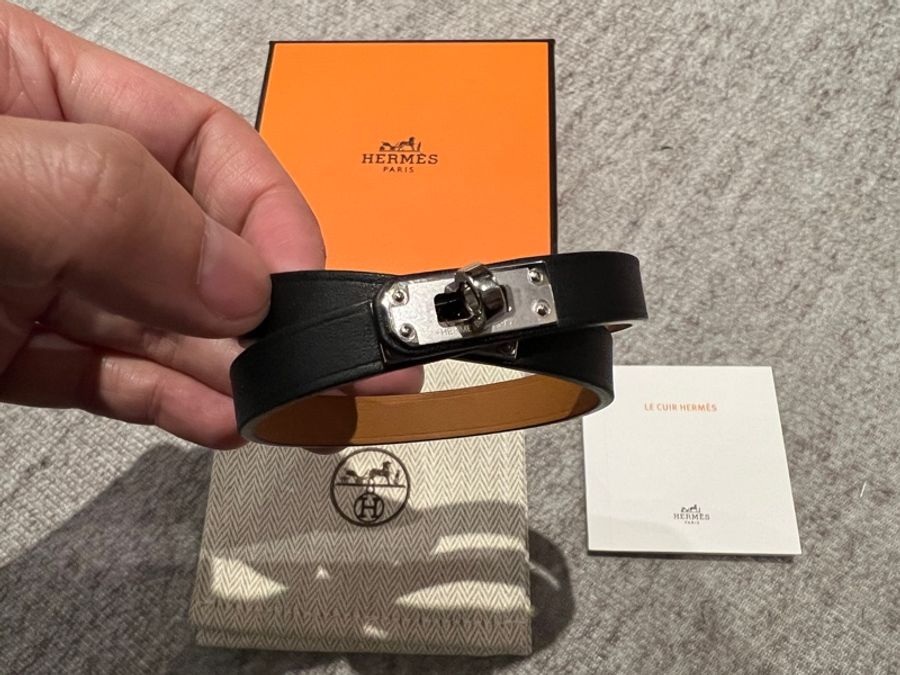 Hermes 愛馬仕 mini kelly double tour 雙環皮手環 黑銀 T3-0