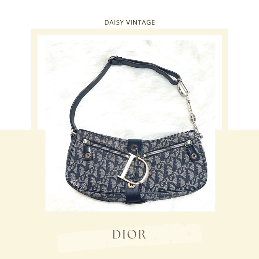 Dior Vintage Monogram Charm Shoulder Bag Navy-0
