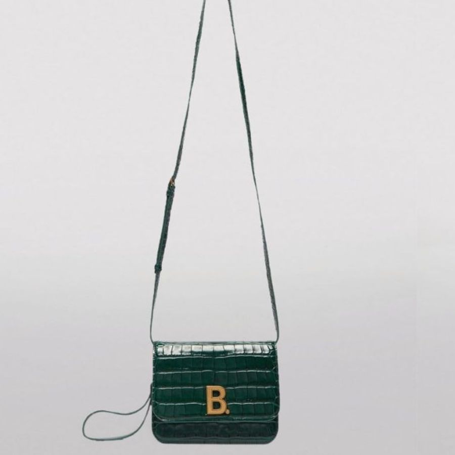 【預購】Balenciaga 巴黎世家 金屬LOGO鱷魚紋小牛皮風琴兩用小方包(墨綠) 豆腐包 斜背包 側背包 肩背包 單肩包 手提包 手拿包-1