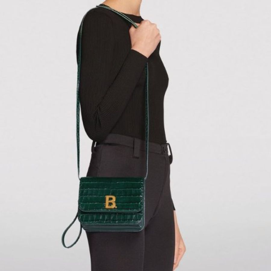 【預購】Balenciaga 巴黎世家 金屬LOGO鱷魚紋小牛皮風琴兩用小方包(墨綠) 豆腐包 斜背包 側背包 肩背包 單肩包 手提包 手拿包-5