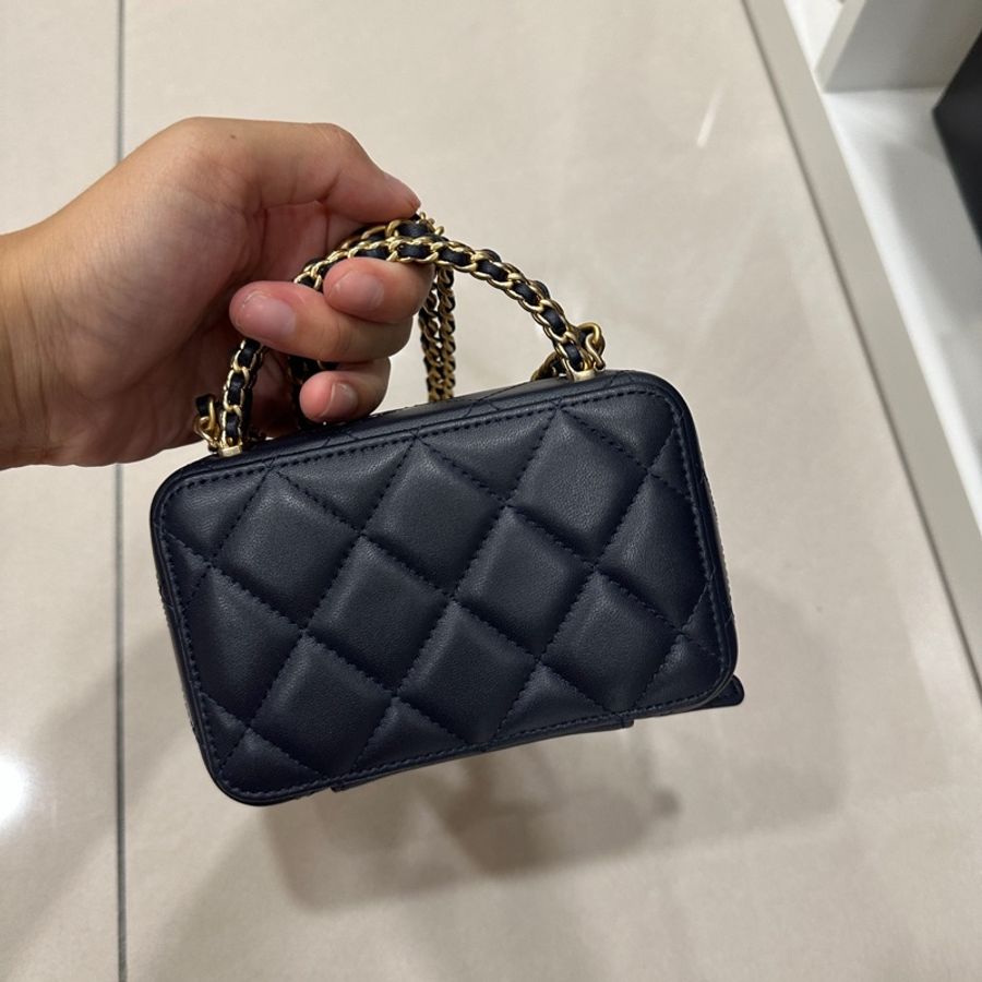 Chanel 深藍色手柄方形斜背包 肩背包 相機小包-4
