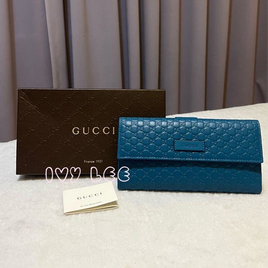 GUCCI   Guccissima 449393 經典雙G壓紋牛皮扣式長夾 藍綠色系 二手精品-0