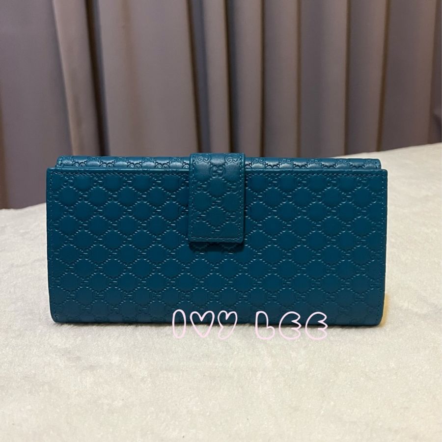 GUCCI   Guccissima 449393 經典雙G壓紋牛皮扣式長夾 藍綠色系 二手精品-1