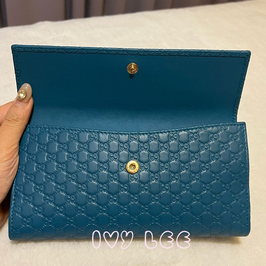 GUCCI   Guccissima 449393 經典雙G壓紋牛皮扣式長夾 藍綠色系 二手精品-4