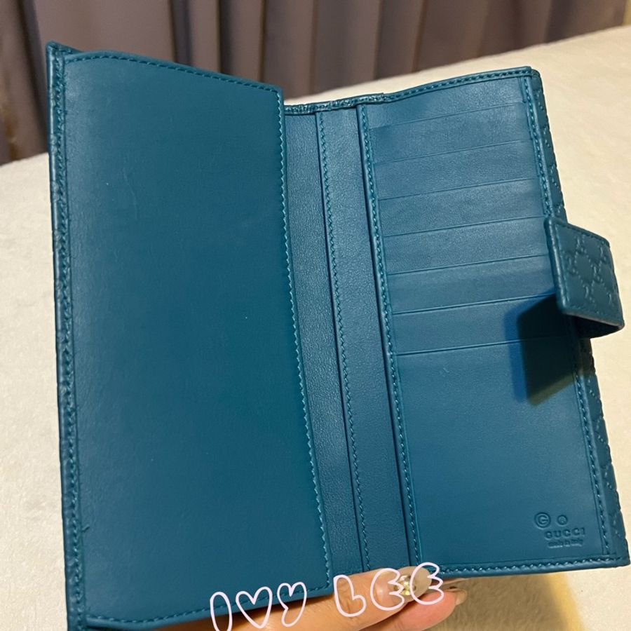 GUCCI   Guccissima 449393 經典雙G壓紋牛皮扣式長夾 藍綠色系 二手精品-5