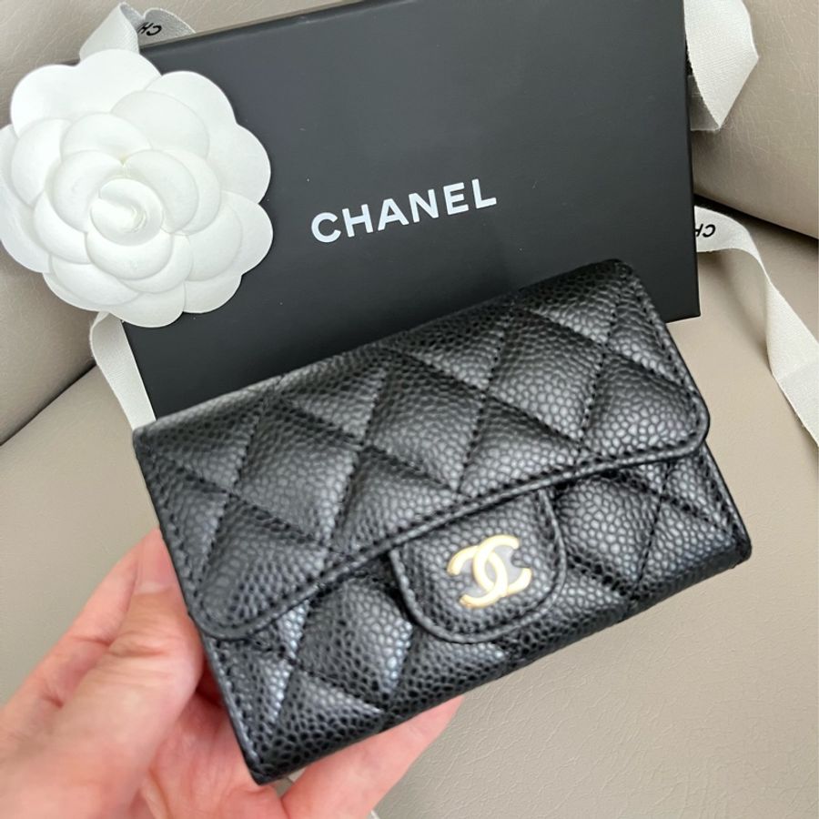 Chanel AP0214 黑荔枝皮金釦零錢包-0