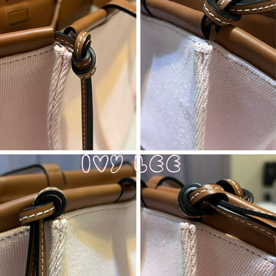 LOEWE 肩背包 手提包 甜美粉色 棕邊 帆布CUSHION TOTE 二手精品-15