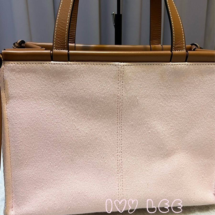 LOEWE 肩背包 手提包 甜美粉色 棕邊 帆布CUSHION TOTE 二手精品-19