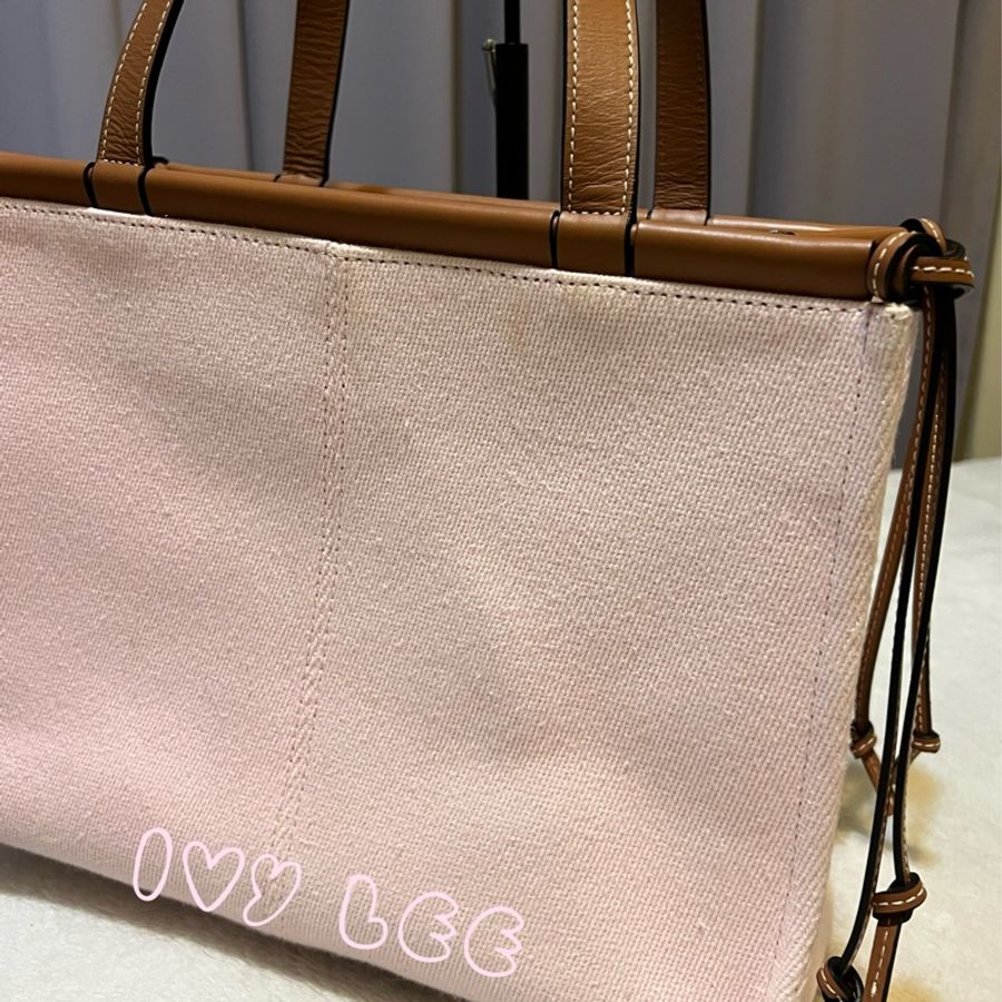 LOEWE 肩背包 手提包 甜美粉色 棕邊 帆布CUSHION TOTE 二手精品-20