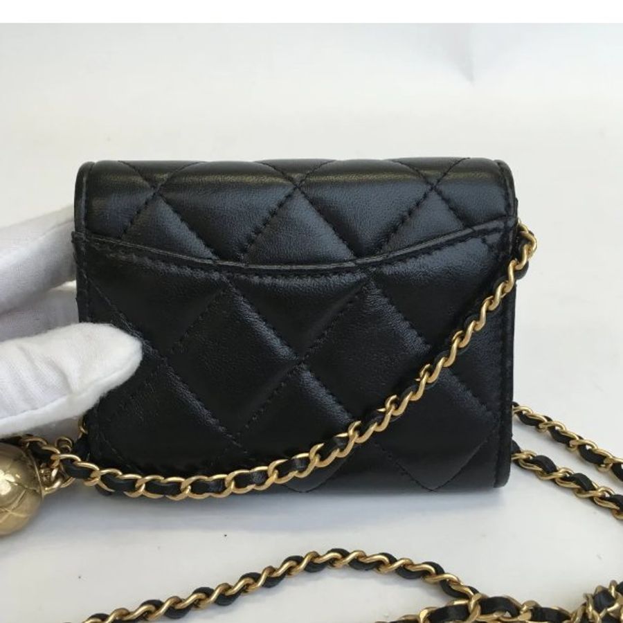 【台灣現貨】Chanel 香奈兒 經典雙C LOGO小羊皮旋轉釦金球鍊帶斜背卡包(黑) WOC 零錢包 卡夾 錢包 皮包-9