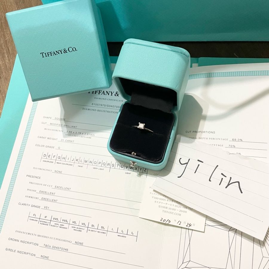 Tiffany &co 蒂芬妮 鉑金pt950 公主方鑽四爪鑽戒31分 戒指-1