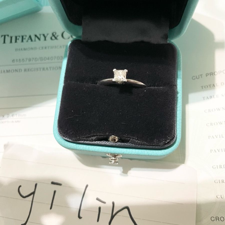 Tiffany &co 蒂芬妮 鉑金pt950 公主方鑽四爪鑽戒31分 戒指-2