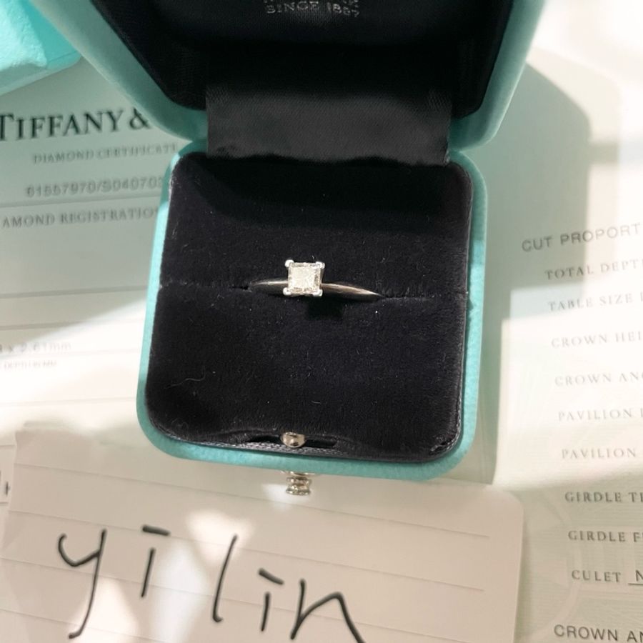 Tiffany &co 蒂芬妮 鉑金pt950 公主方鑽四爪鑽戒31分 戒指-3