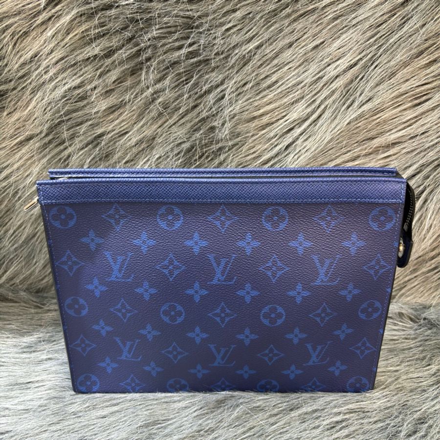LV M30423 藍 老花 銀釦 牛皮 手拿包-2