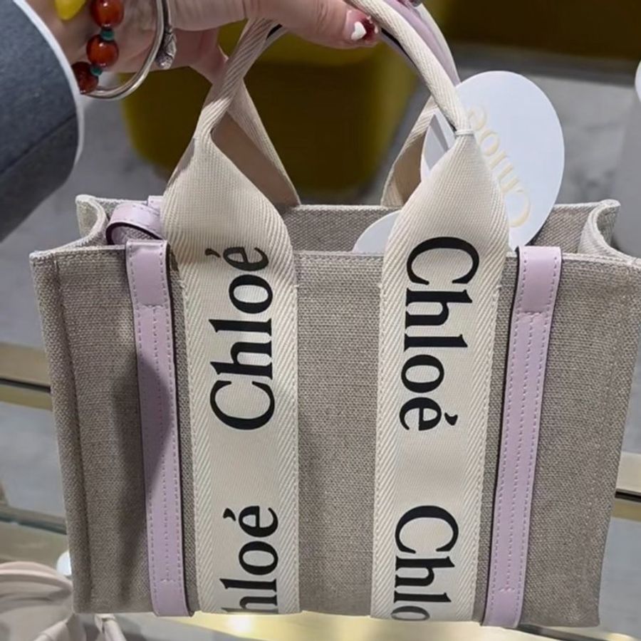 Chloe 小款皮革飾邊絲帶棉質 Woody 包 粉色《佳節折扣》-5