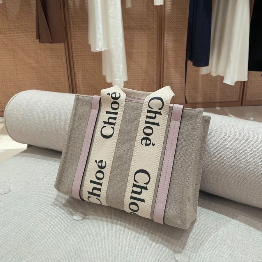 Chloe 小款皮革飾邊絲帶棉質 Woody 包 粉色《佳節折扣》-10