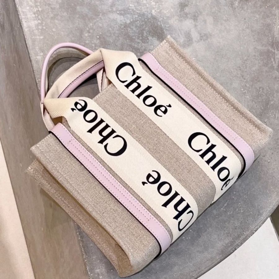 Chloe 小款皮革飾邊絲帶棉質 Woody 包 粉色《佳節折扣》-11
