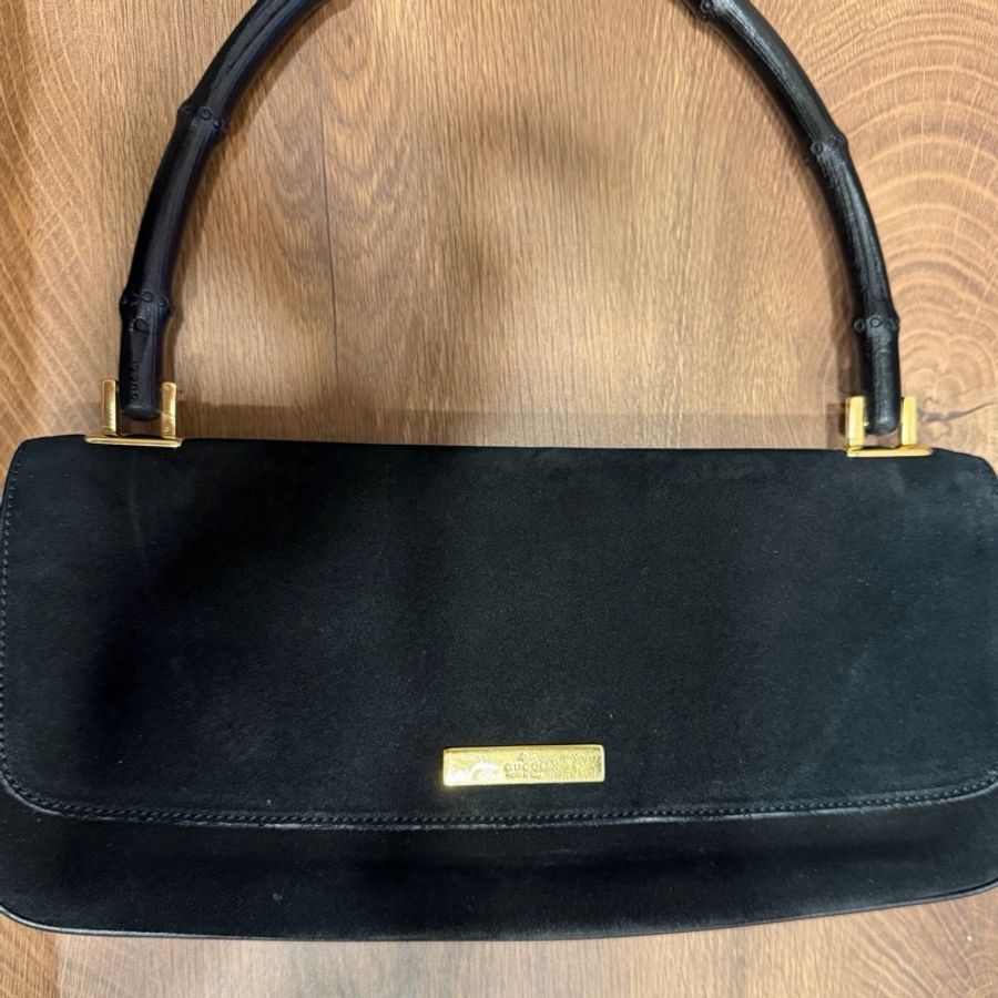 GUCCI 黑色絨面革竹節手提包-9