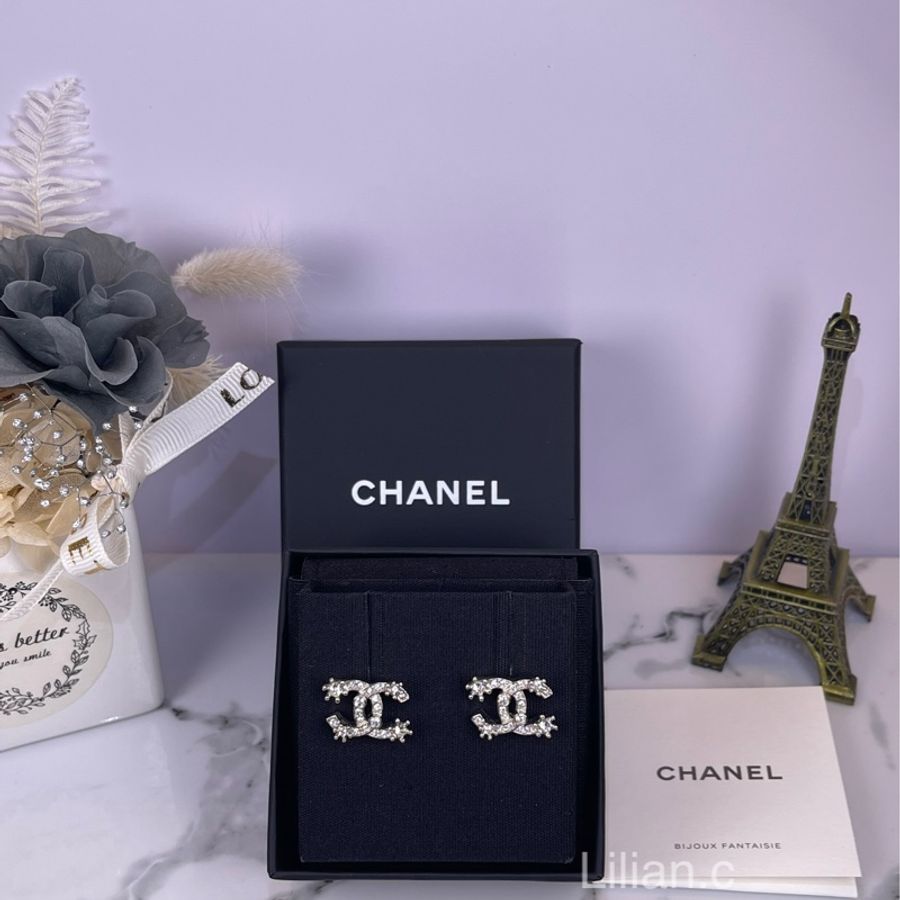 香奈兒Chanel經典銀色水鑽雪花造型耳針耳環-7
