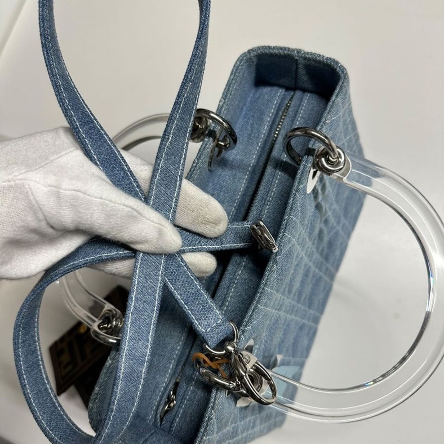 (限時降)絕版透明手把 復古Lady Dior 完美尺寸 牛仔藍 5*5 附肩帶-2