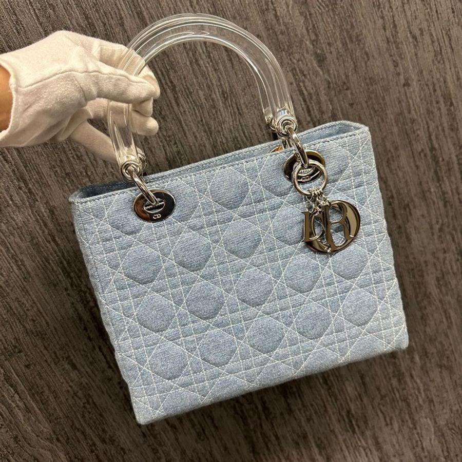 (限時降)絕版透明手把 復古Lady Dior 完美尺寸 牛仔藍 5*5 附肩帶-1