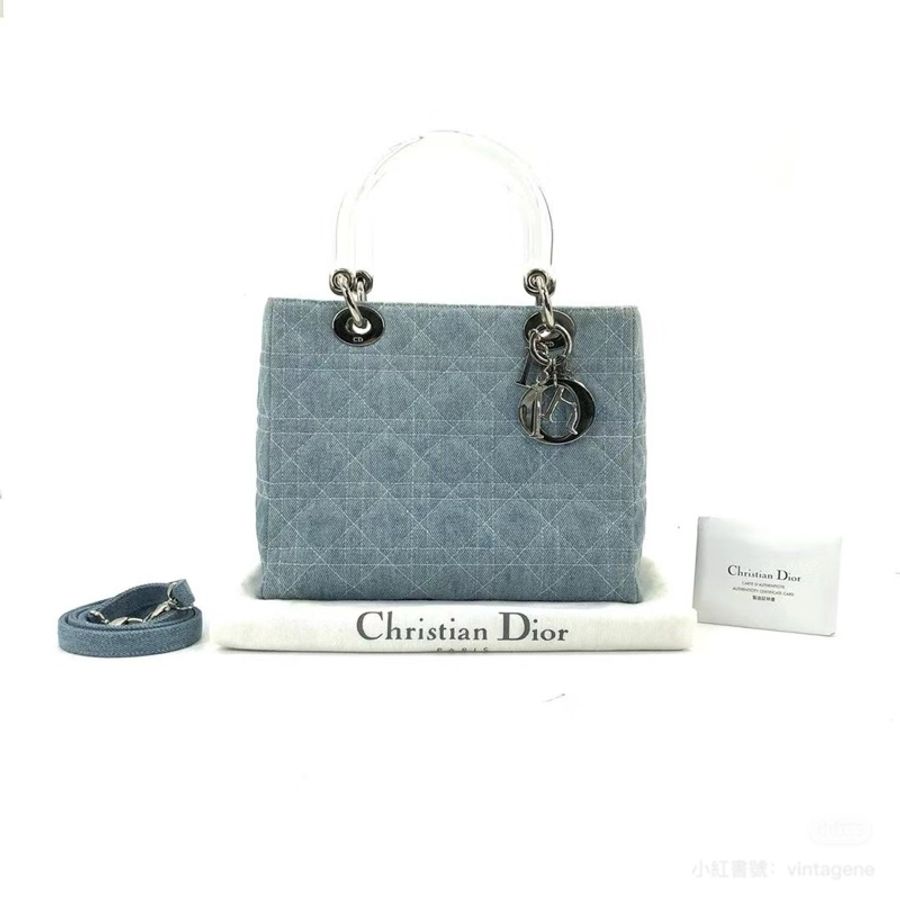 (限時降)絕版透明手把 復古Lady Dior 完美尺寸 牛仔藍 5*5 附肩帶-4