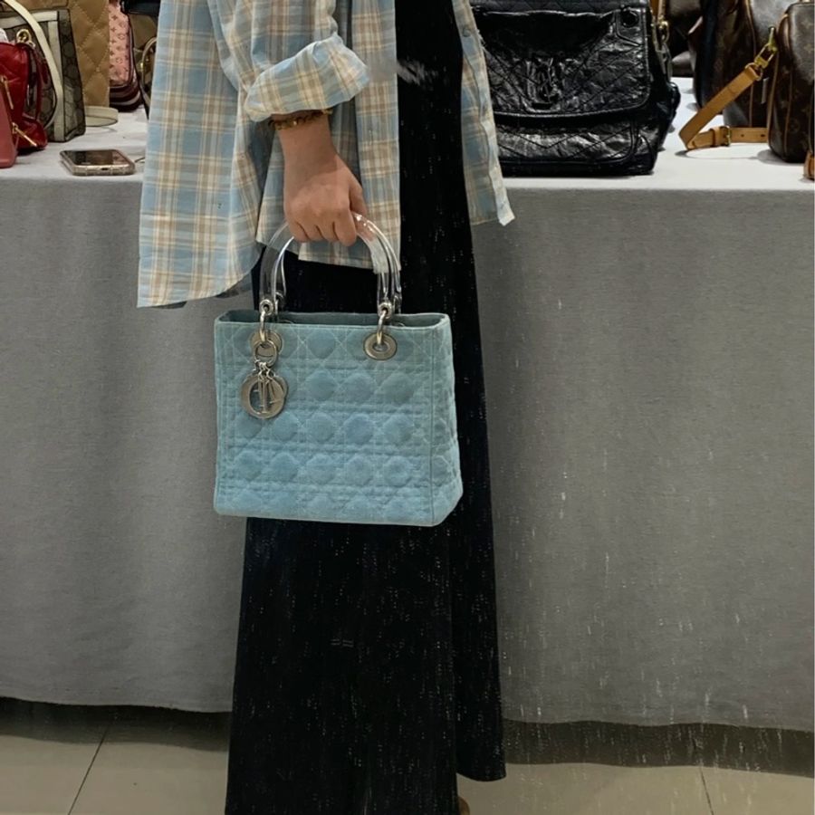 (限時降)絕版透明手把 復古Lady Dior 完美尺寸 牛仔藍 5*5 附肩帶-0