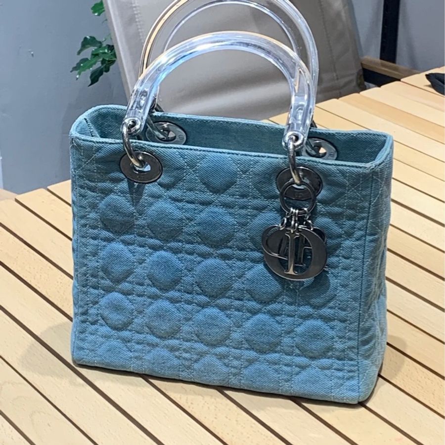 (限時降)絕版透明手把 復古Lady Dior 完美尺寸 牛仔藍 5*5 附肩帶-5