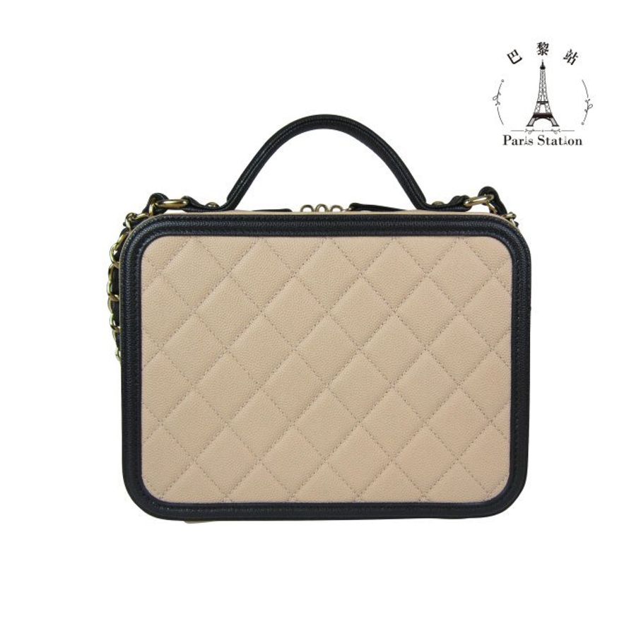 【巴黎站二手名牌專賣店】＊現貨＊CHANEL香奈兒真品＊A93343駝色黑邊化妝箱手提斜背鍊包-1