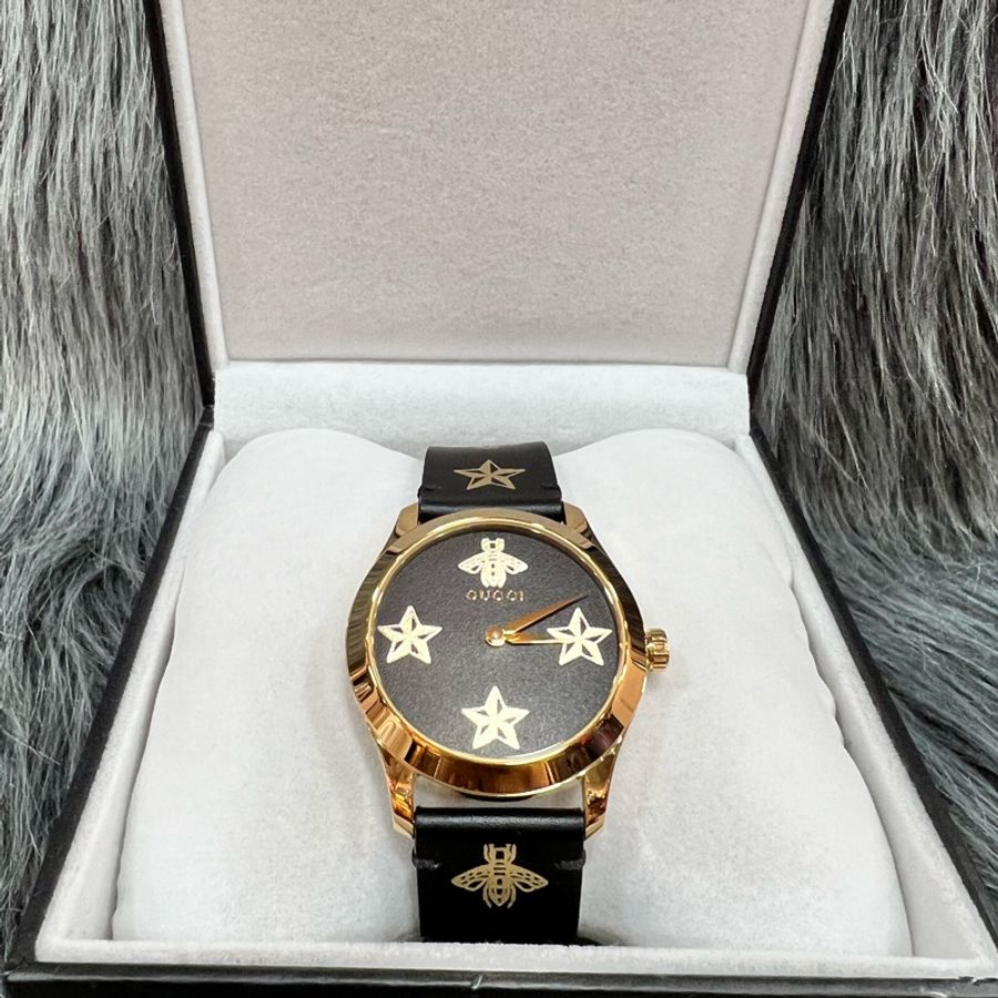 Gucci YA1264055 金色 蜜蜂 星星 黑面 38MM 手錶 腕錶 精品錶-0