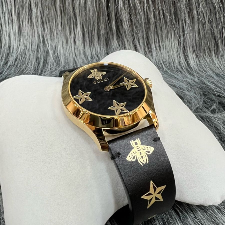 Gucci YA1264055 金色 蜜蜂 星星 黑面 38MM 手錶 腕錶 精品錶-1