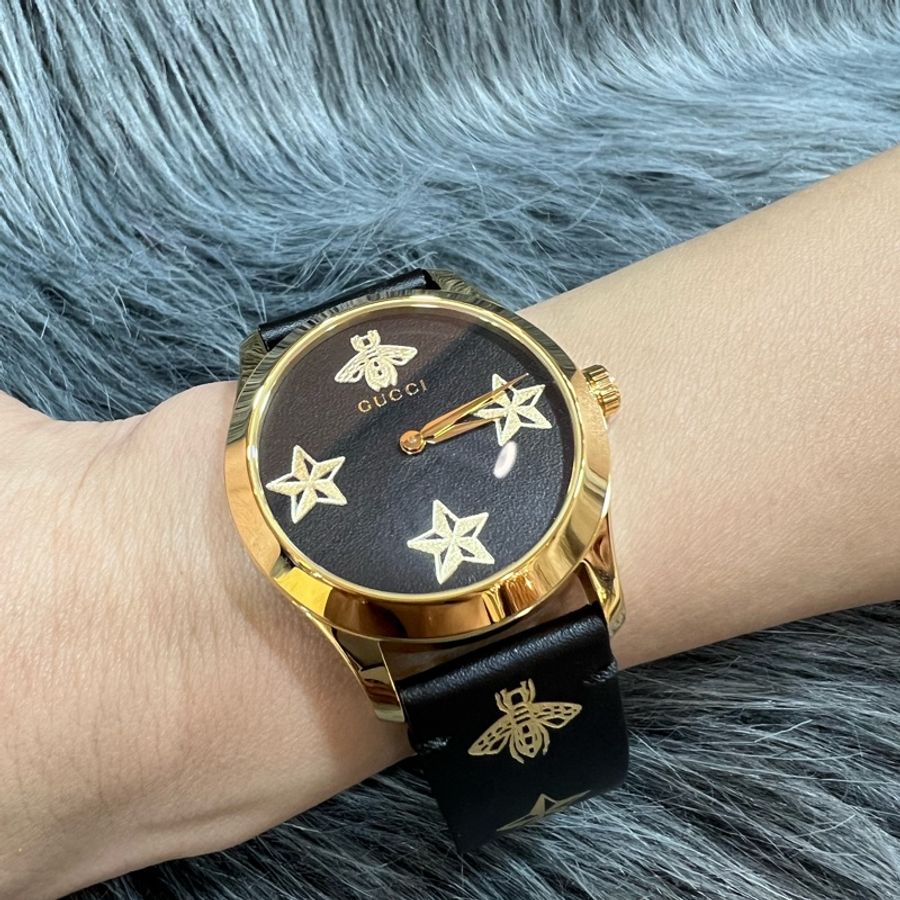 Gucci YA1264055 金色 蜜蜂 星星 黑面 38MM 手錶 腕錶 精品錶-5