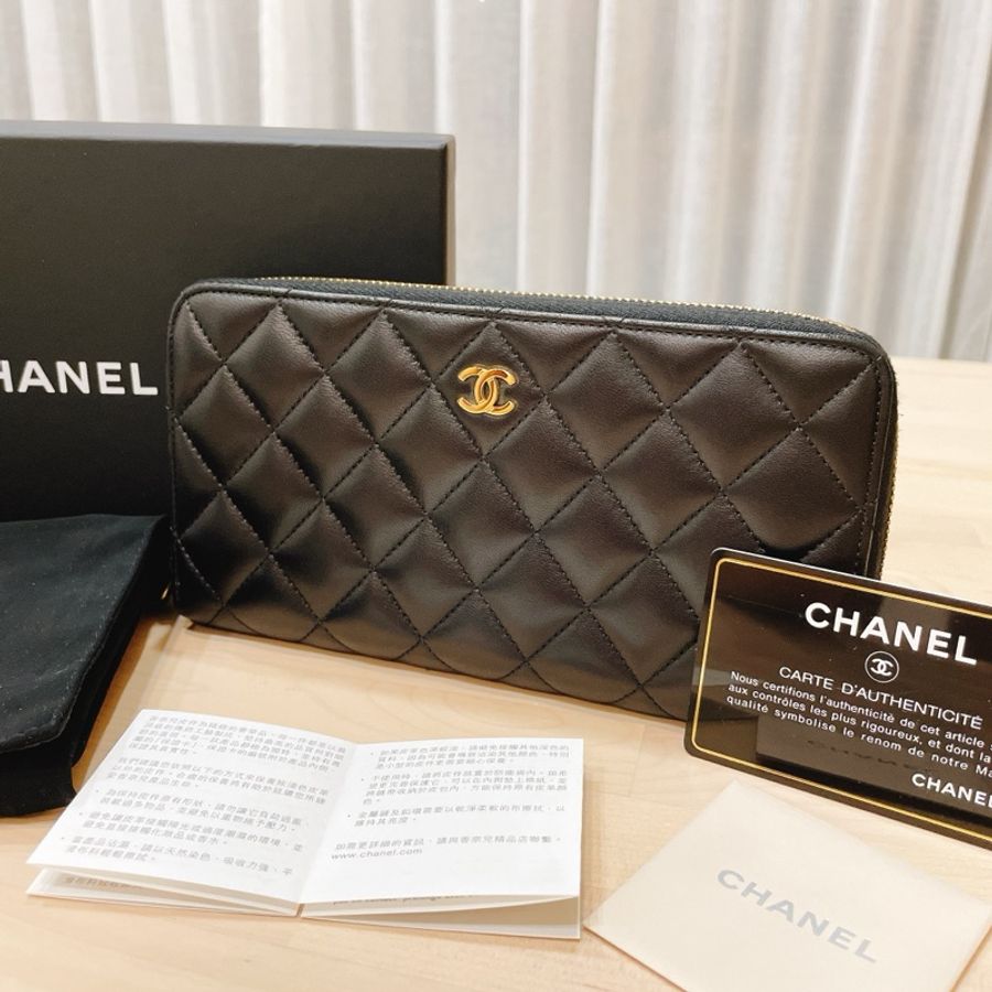 香奈兒CHANEL經典菱格壓紋雙C LOGO(黑金)小羊皮拉鍊長夾-7