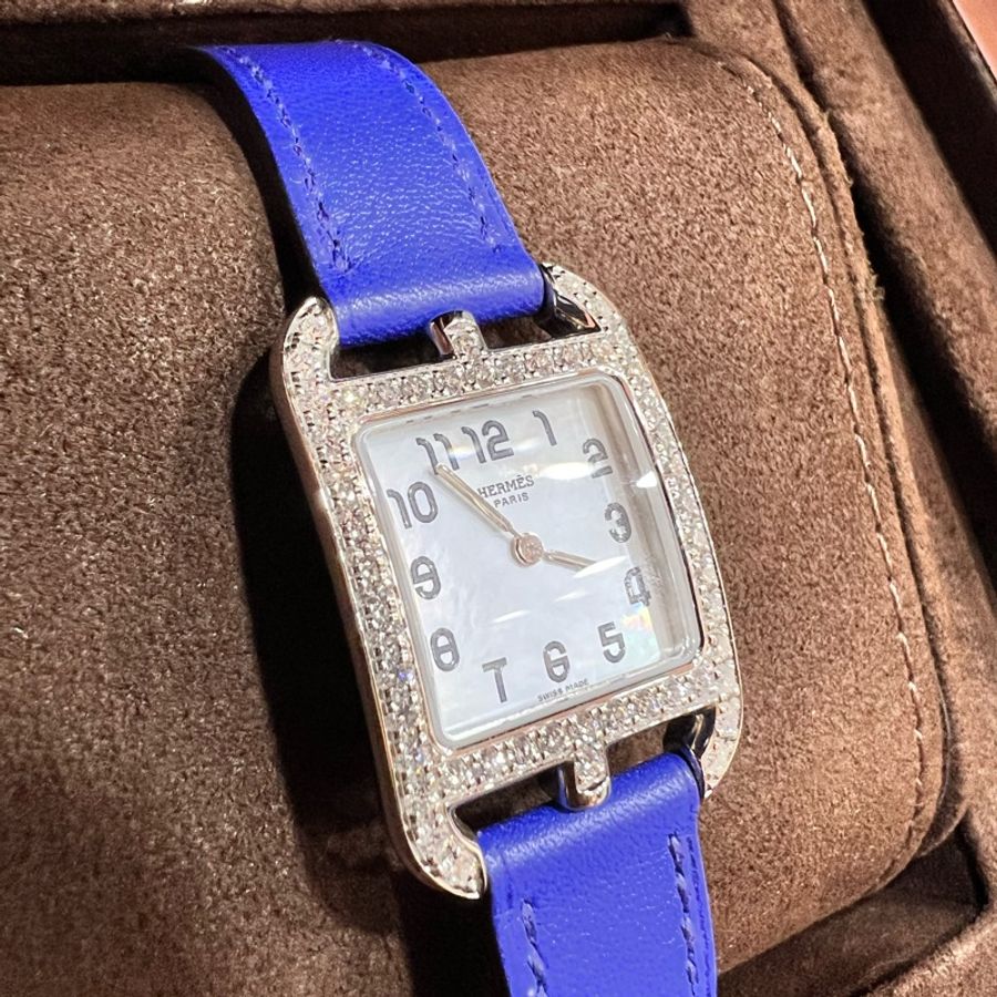 Hermes Cape Cod 不銹鋼 原鑲鑽圈 母貝 藍色 皮錶帶 21x31MM 手錶 腕錶 精品錶 瑞士錶-1