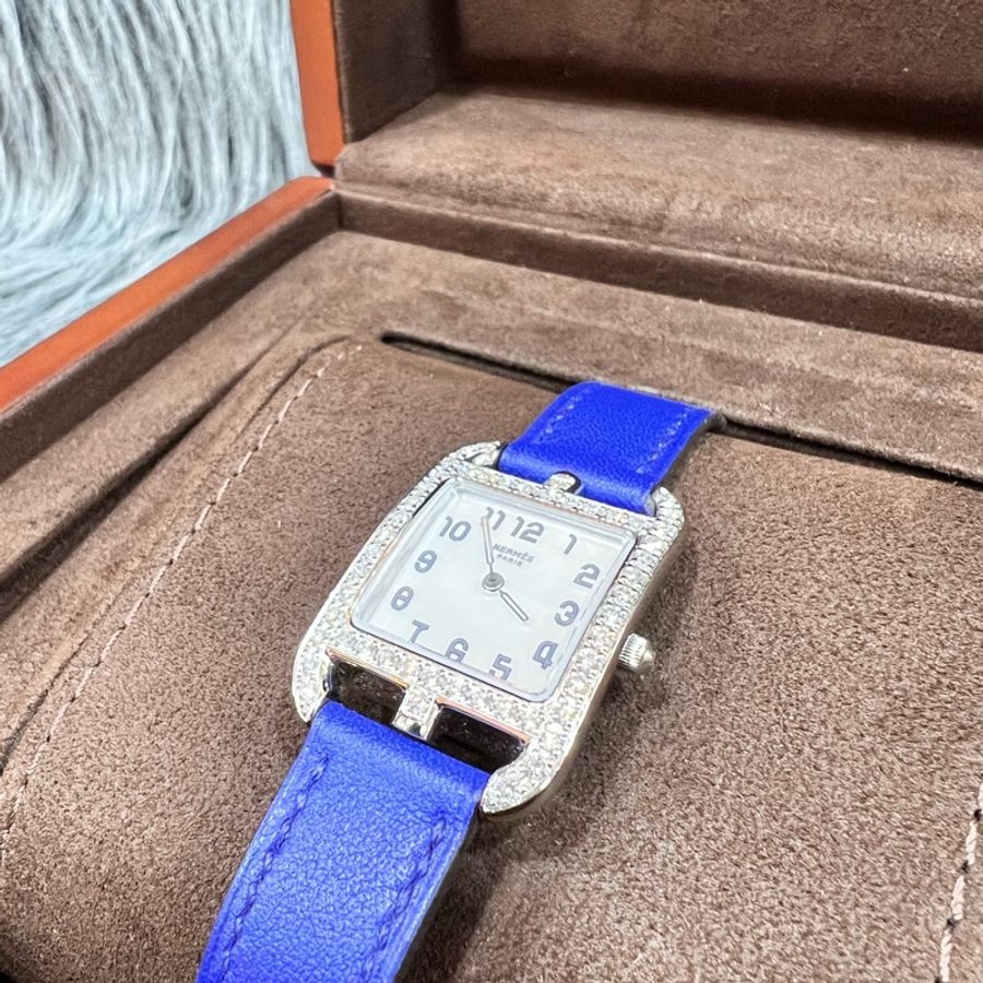 Hermes Cape Cod 不銹鋼 原鑲鑽圈 母貝 藍色 皮錶帶 21x31MM 手錶 腕錶 精品錶 瑞士錶-2
