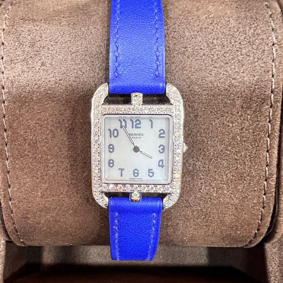 Hermes Cape Cod 不銹鋼 原鑲鑽圈 母貝 藍色 皮錶帶 21x31MM 手錶 腕錶 精品錶 瑞士錶-3