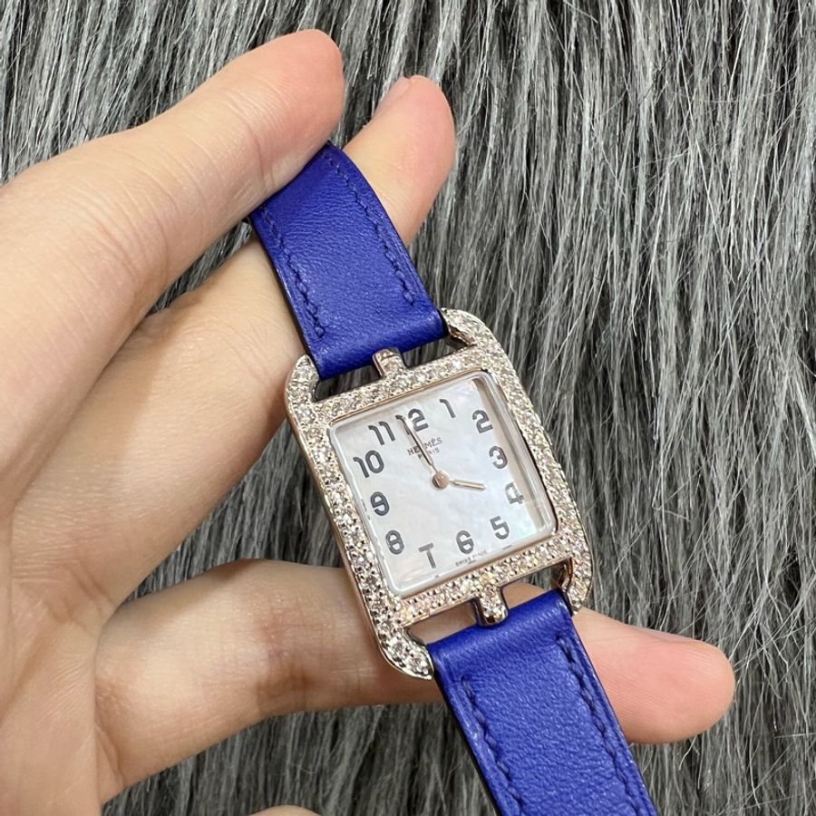 Hermes Cape Cod 不銹鋼 原鑲鑽圈 母貝 藍色 皮錶帶 21x31MM 手錶 腕錶 精品錶 瑞士錶-12