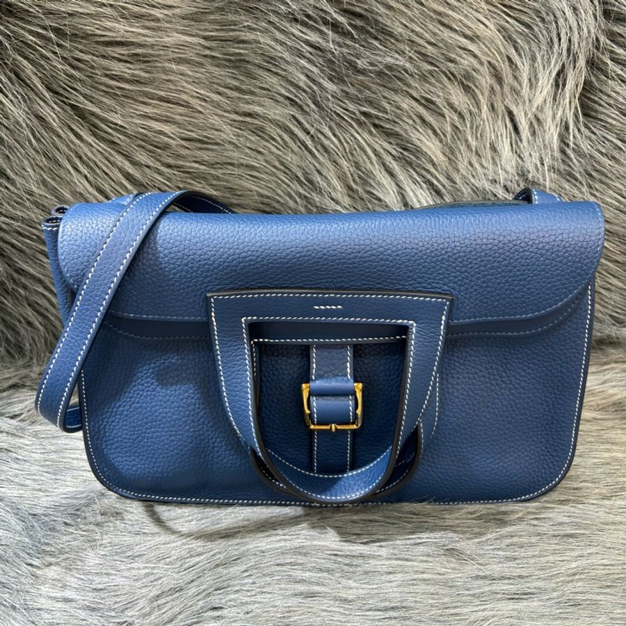 HERMES 藍色 牛皮 TC皮 金釦 Halzan 31 肩背 斜背 手提-2