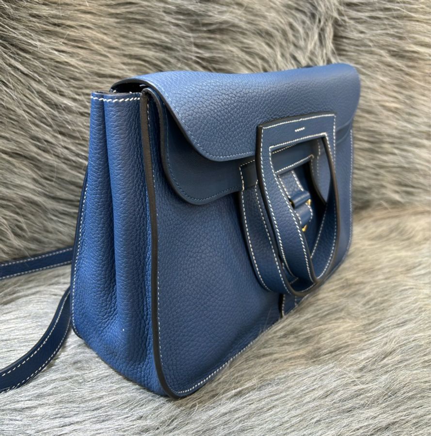 HERMES 藍色 牛皮 TC皮 金釦 Halzan 31 肩背 斜背 手提-3