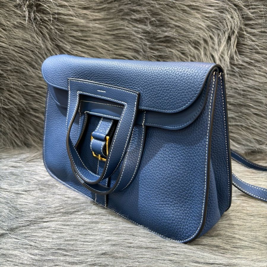HERMES 藍色 牛皮 TC皮 金釦 Halzan 31 肩背 斜背 手提-4