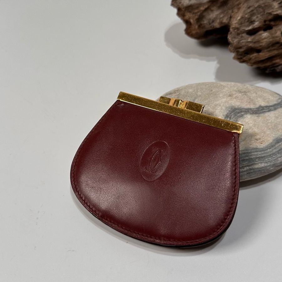 Cartier vintage 日本二手 中古復古古董 經典酒紅 logo 口金 雙層 零錢包-0