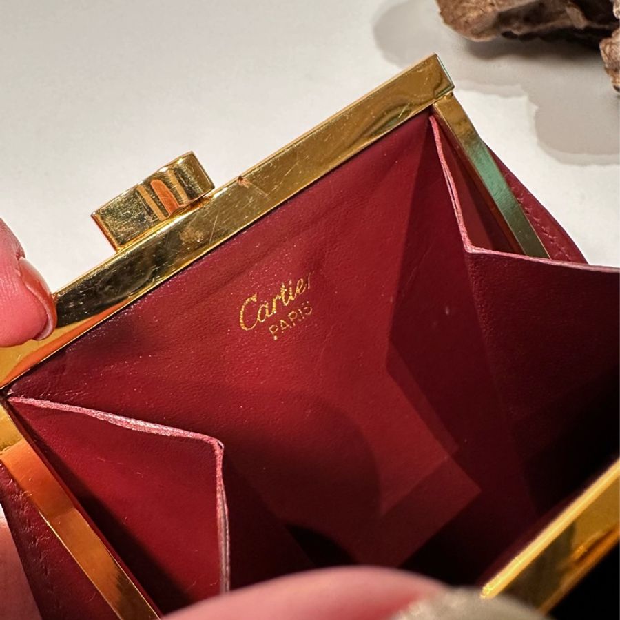 Cartier vintage 日本二手 中古復古古董 經典酒紅 logo 口金 雙層 零錢包-5