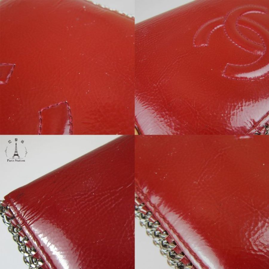 【巴黎站二手名牌專賣】*現貨*CHANEL 真品*紅色漆皮銀鍊滾邊對開長夾手拿包-6