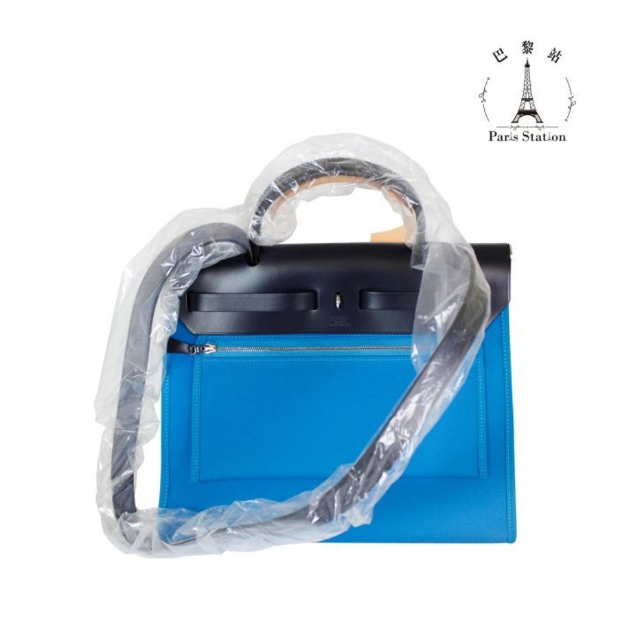 【巴黎站二手名牌專賣店】*現貨*HERMES 愛馬仕 真品*A刻HER BAG31藍帆布黑皮革手提肩背包-1