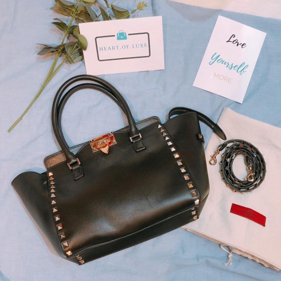 Valentino 華倫天奴黑色鉚釘絎縫真皮手提側背包 Rockstud Bag-0