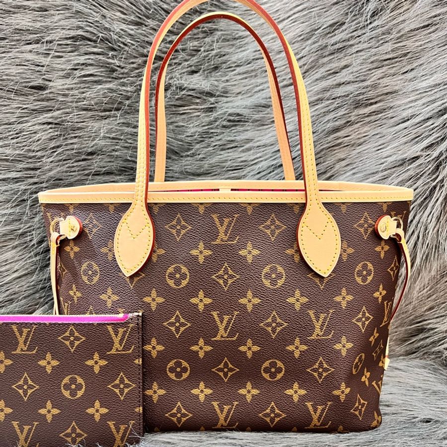 LV M41245 原花 老花 紫紅內裡 金釦 小號 Neverfull PM 托特包 購物包 手提包-0