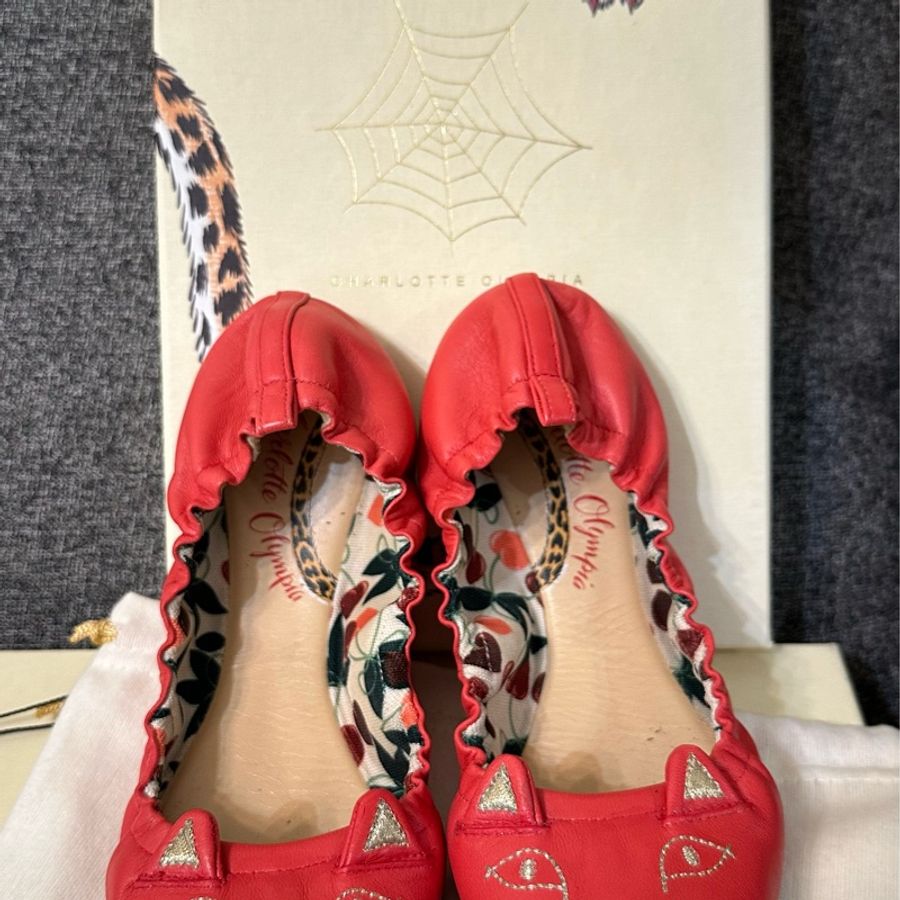 Charlotte Olympia 貓咪平底芭蕾鞋 紅色38號-3