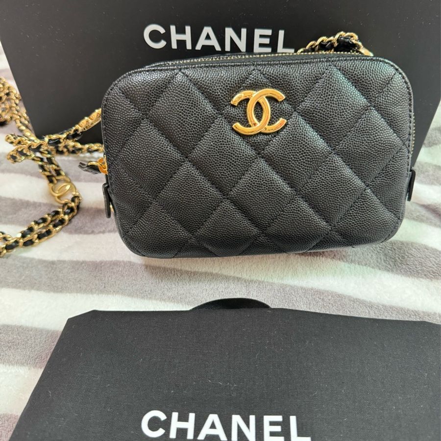全新台灣專櫃購入CHANEL香奈兒 迷你相機包 黑金鏈 雙C鏈 全配有購證 全新晶片款-5
